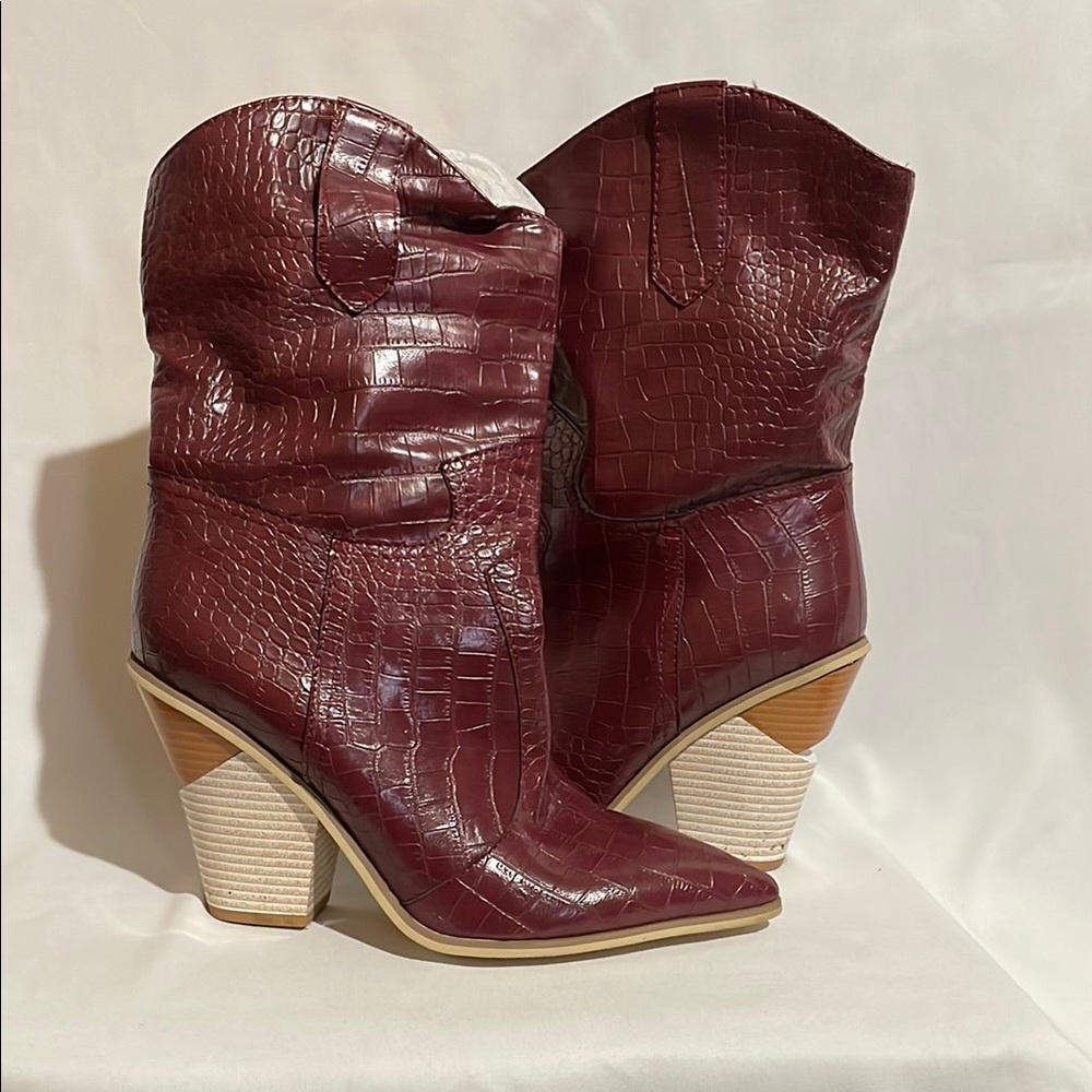 Burgundy Croc-Embossed Women's Boots